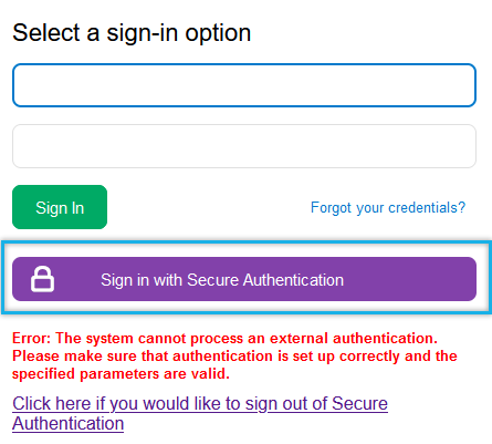 Error: Cannot process an external authentication